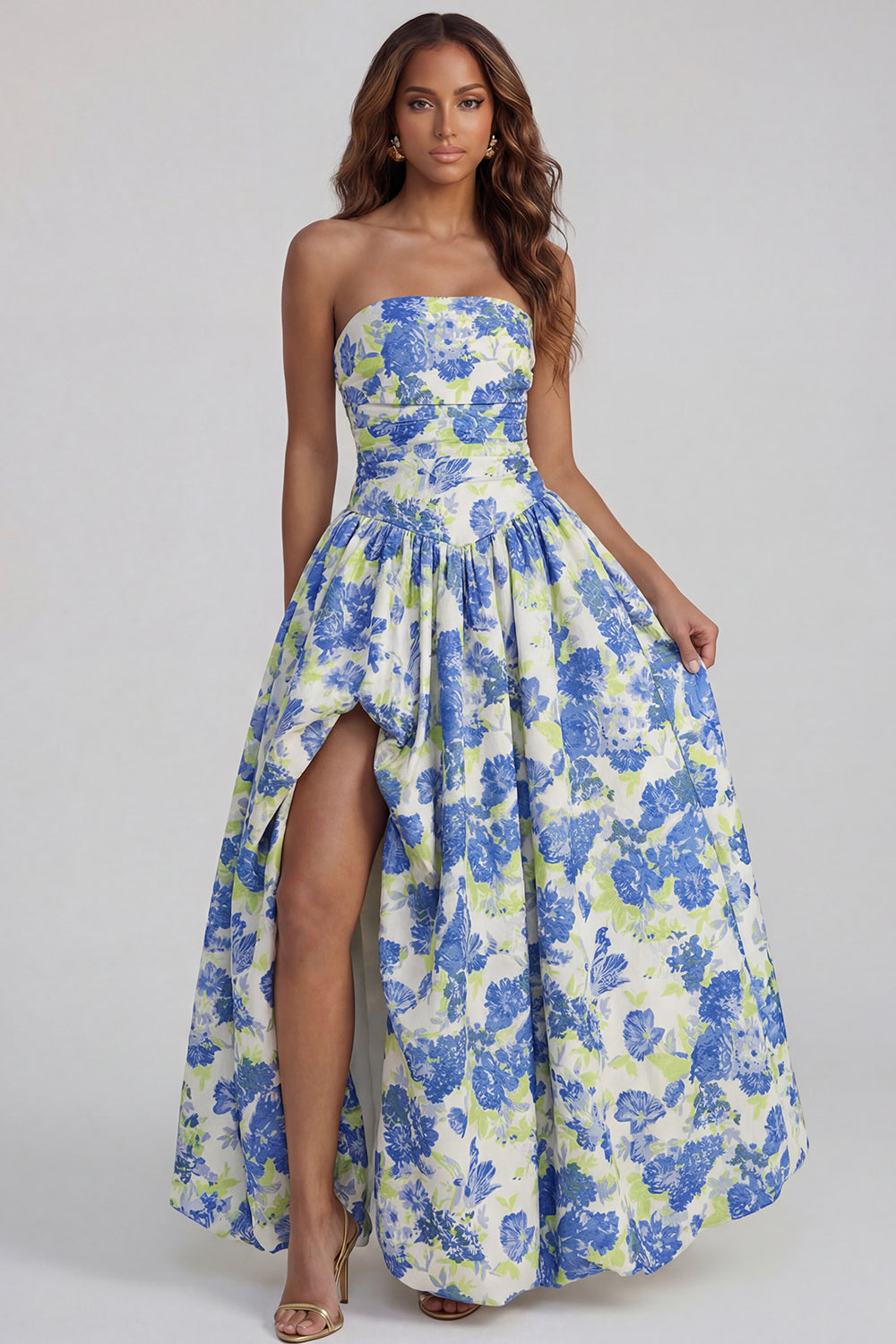 Robe midi fendue trapèze bustier imprimée fleurs de narcisse bleues