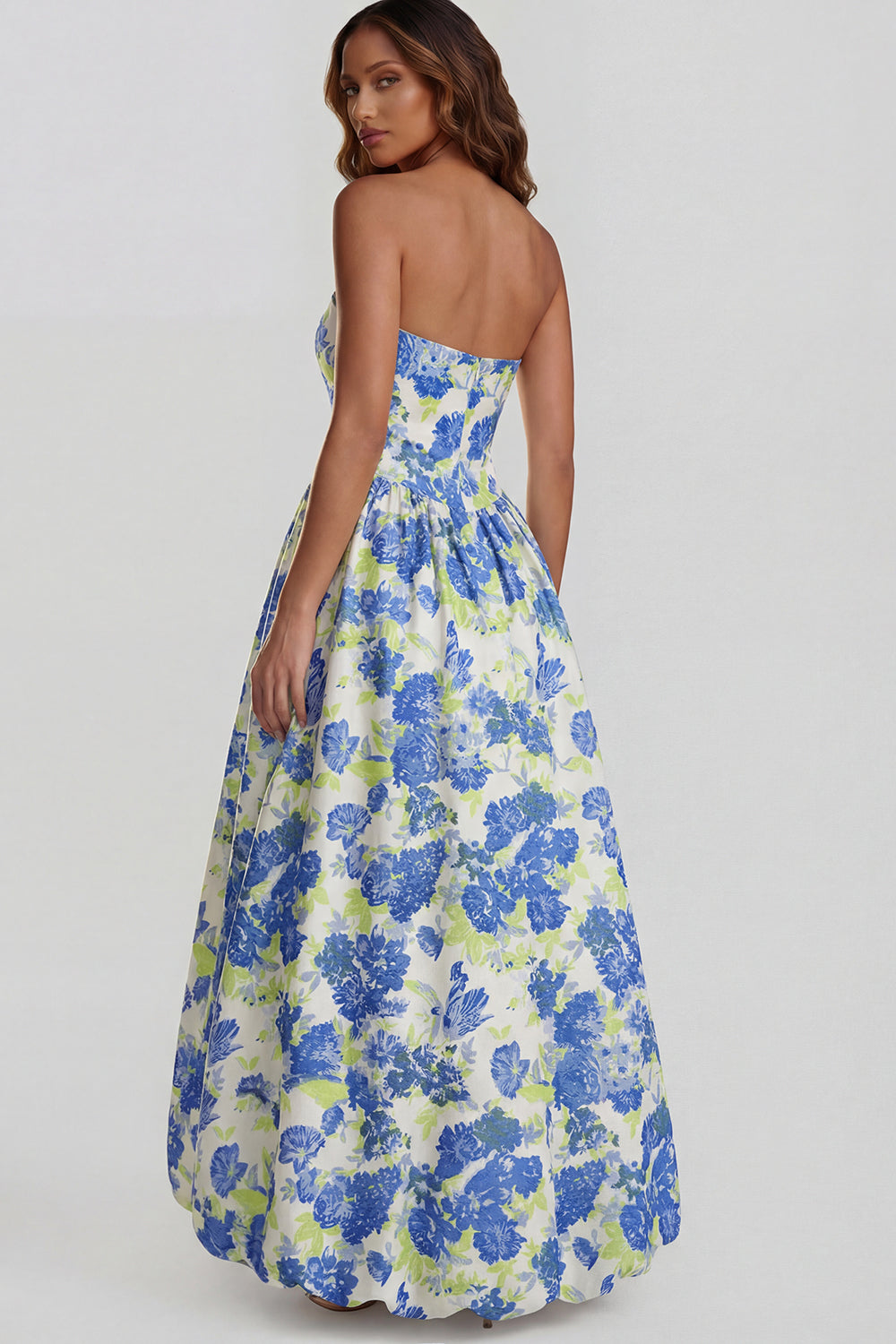Robe midi fendue trapèze bustier imprimée fleurs de narcisse bleues
