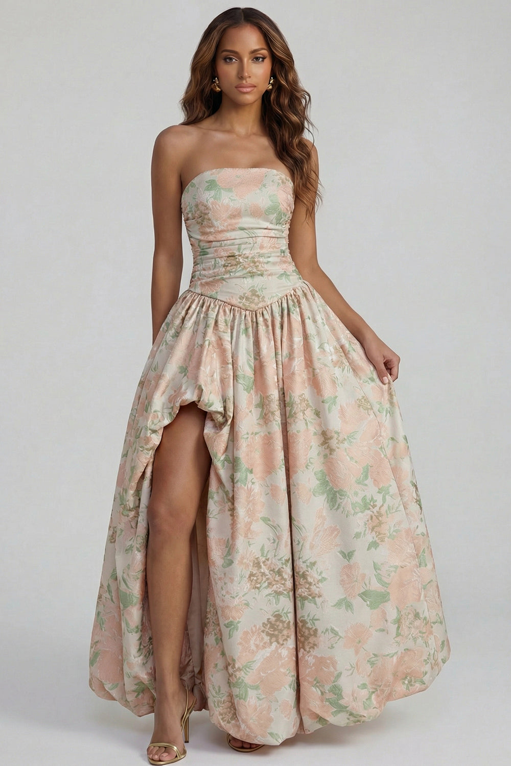 Robe midi fendue trapèze bustier imprimée fleurs de narcisse bleues