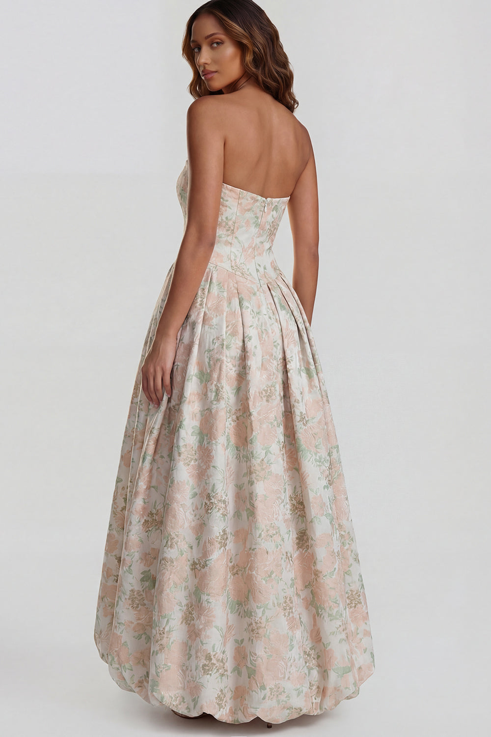 Robe midi fendue trapèze bustier imprimée fleurs de narcisse bleues