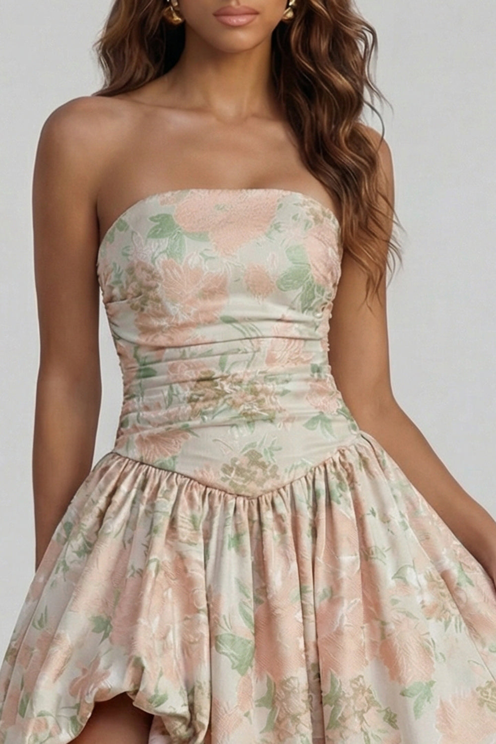 Robe midi fendue trapèze bustier imprimée fleurs de narcisse bleues