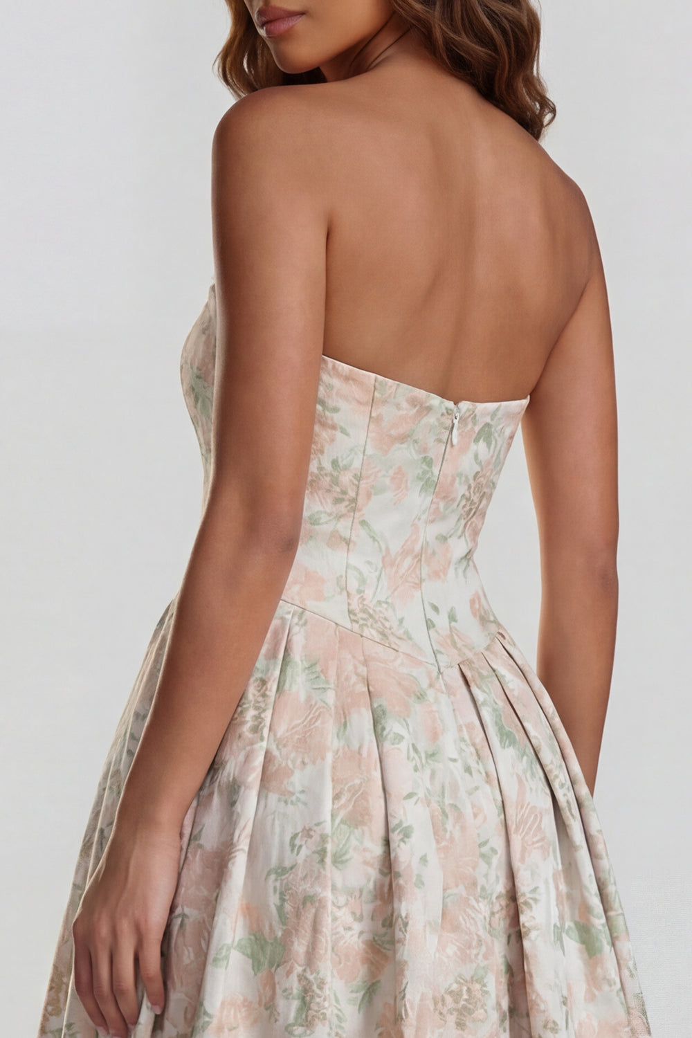 Robe midi fendue trapèze bustier imprimée fleurs de narcisse bleues