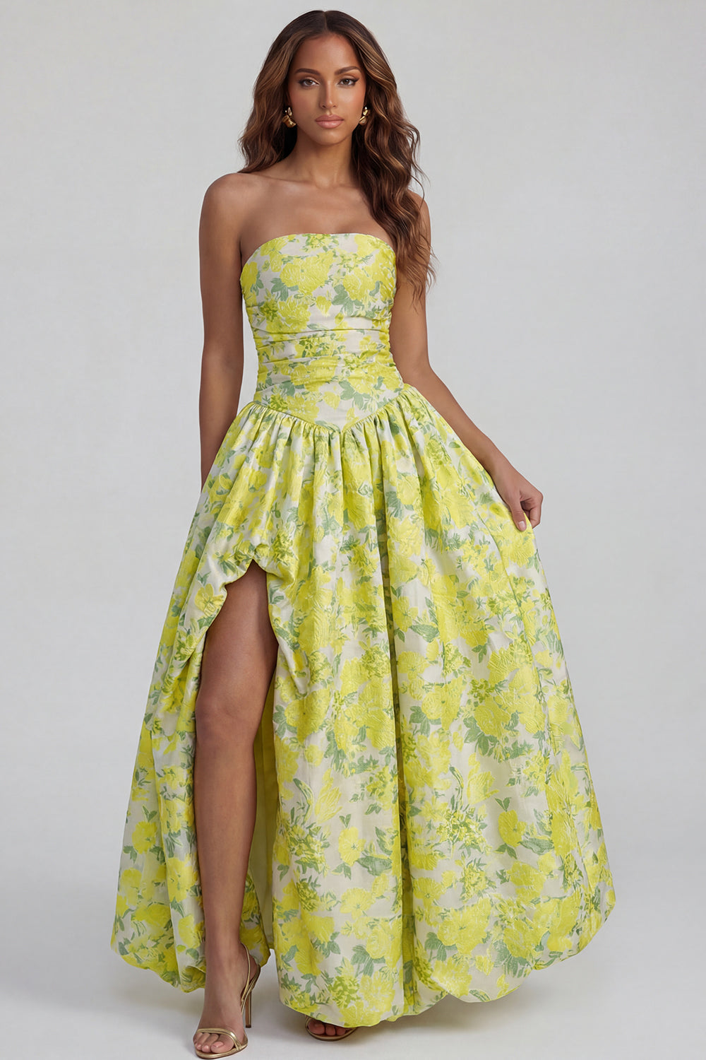 Robe midi fendue trapèze bustier imprimée fleurs de narcisse bleues