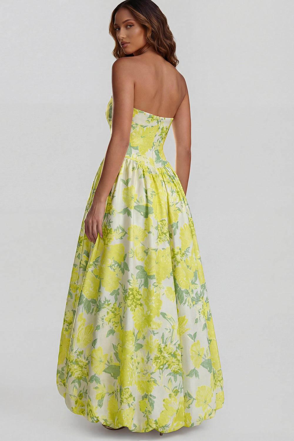 Robe midi fendue trapèze bustier imprimée fleurs de narcisse bleues