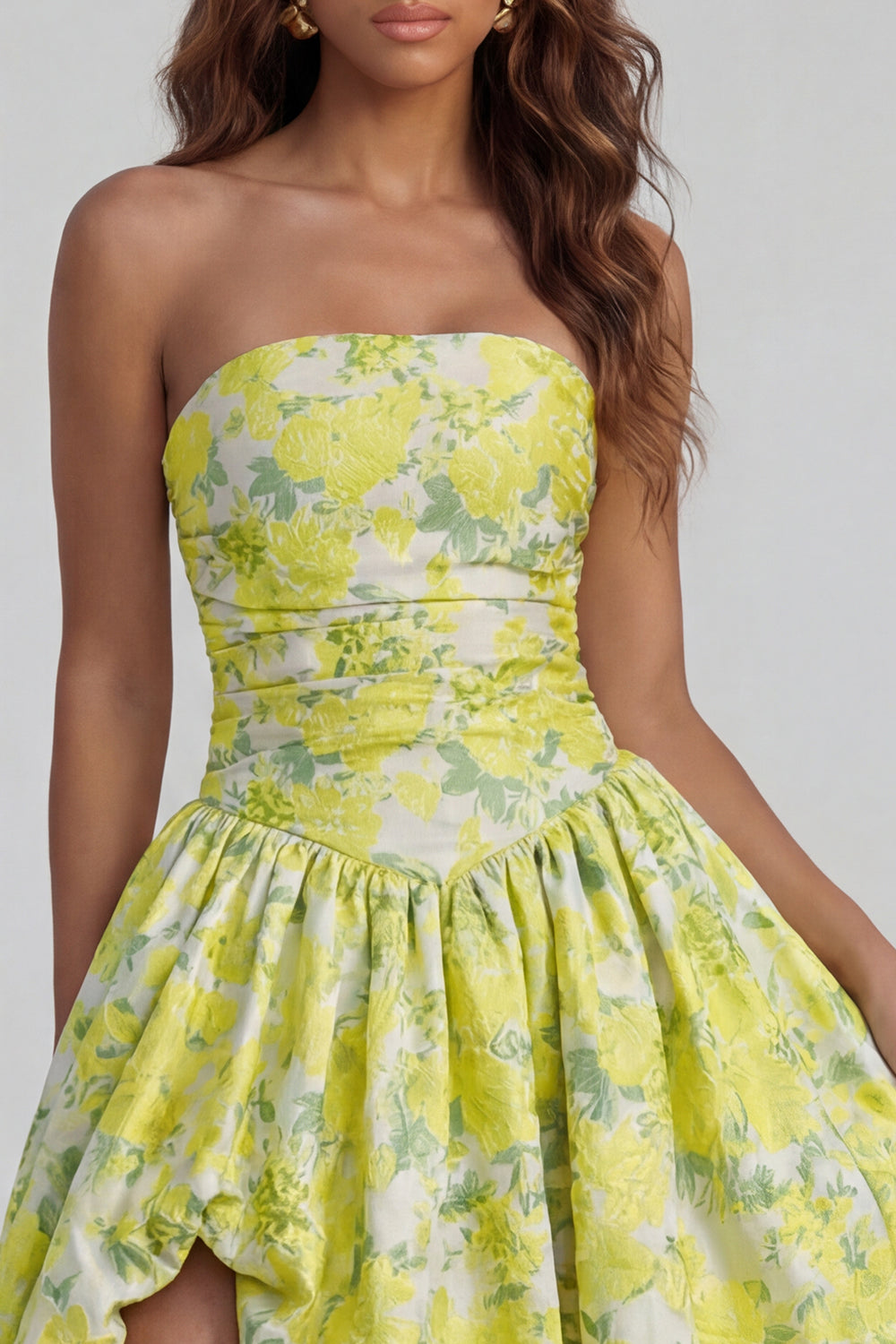 Robe midi fendue trapèze bustier imprimée fleurs de narcisse bleues