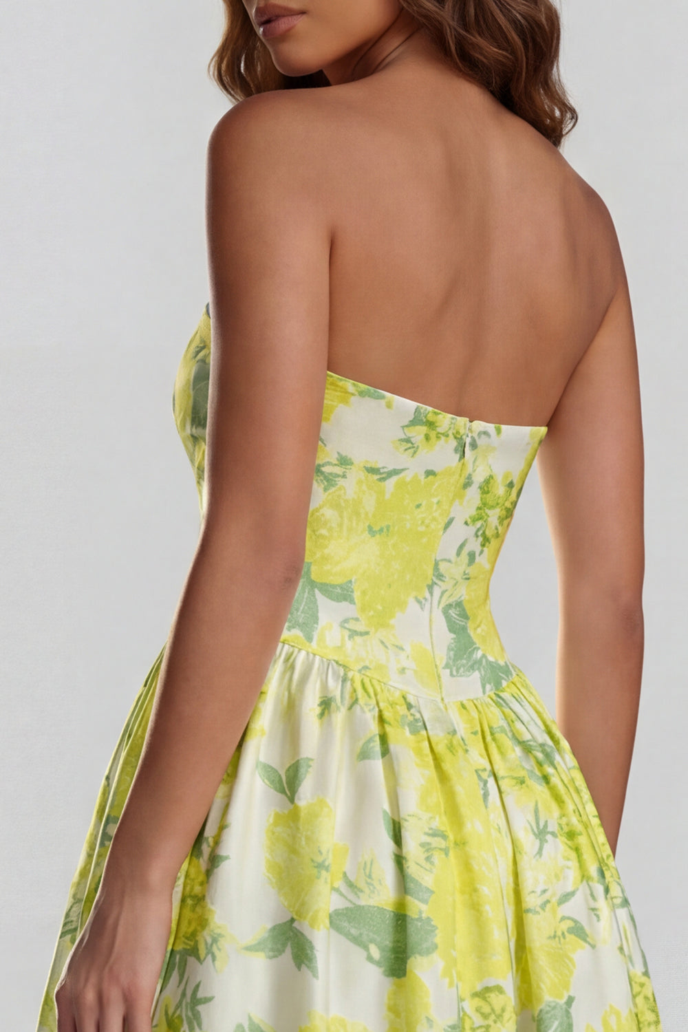 Robe midi fendue trapèze bustier imprimée fleurs de narcisse bleues