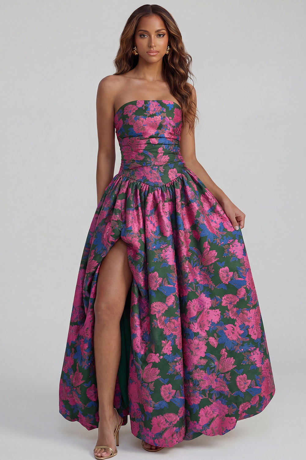 Robe midi fendue trapèze bustier imprimée fleurs de narcisse bleues