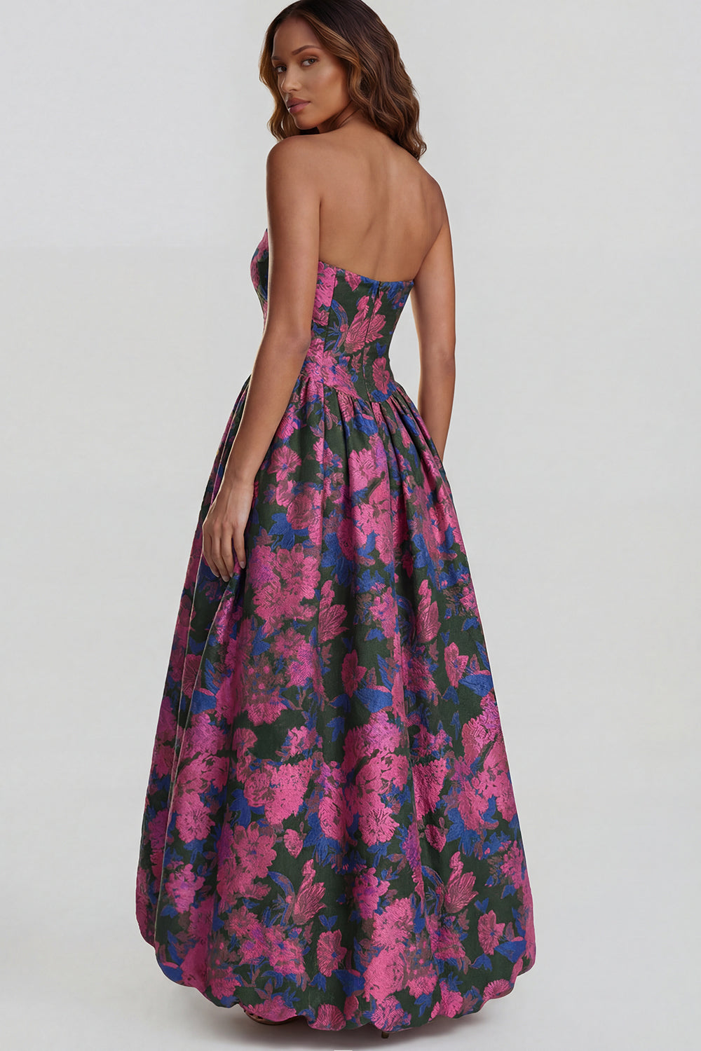 Robe midi fendue trapèze bustier imprimée fleurs de narcisse bleues