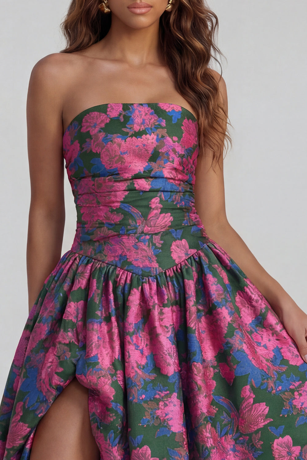 Robe midi fendue trapèze bustier imprimée fleurs de narcisse bleues
