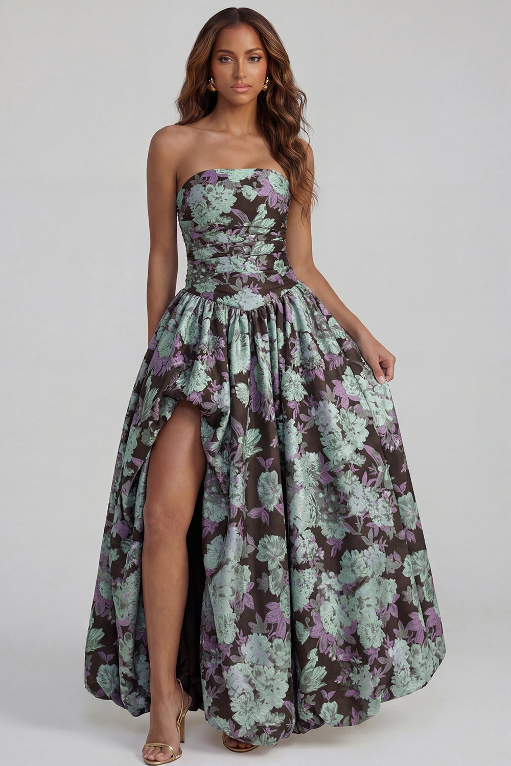 Robe midi fendue trapèze bustier imprimée fleurs de narcisse bleues