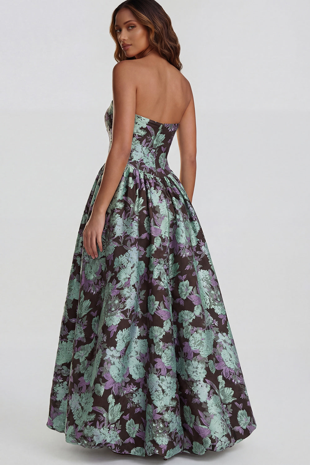 Robe midi fendue trapèze bustier imprimée fleurs de narcisse bleues