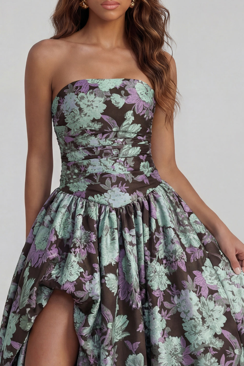 Robe midi fendue trapèze bustier imprimée fleurs de narcisse bleues