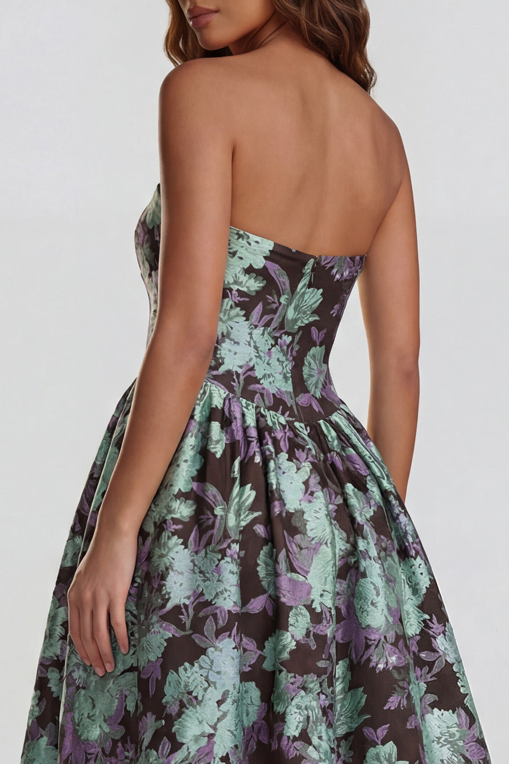 Robe midi fendue trapèze bustier imprimée fleurs de narcisse bleues