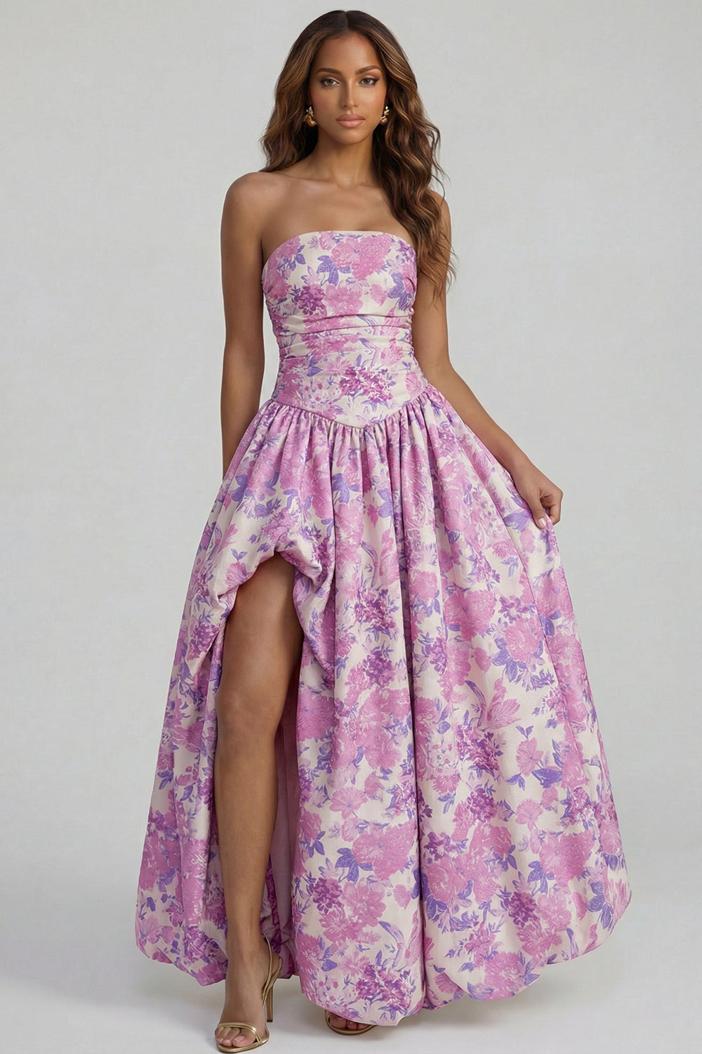 Robe midi fendue trapèze bustier imprimée fleurs de narcisse bleues