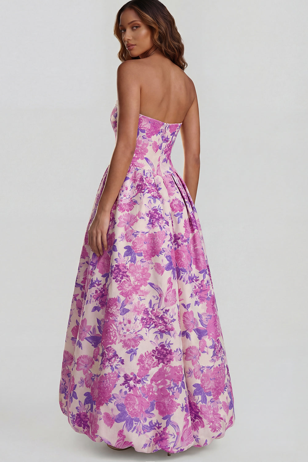 Robe midi fendue trapèze bustier imprimée fleurs de narcisse bleues