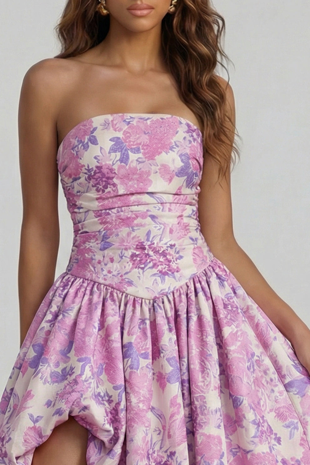 Robe midi fendue trapèze bustier imprimée fleurs de narcisse bleues