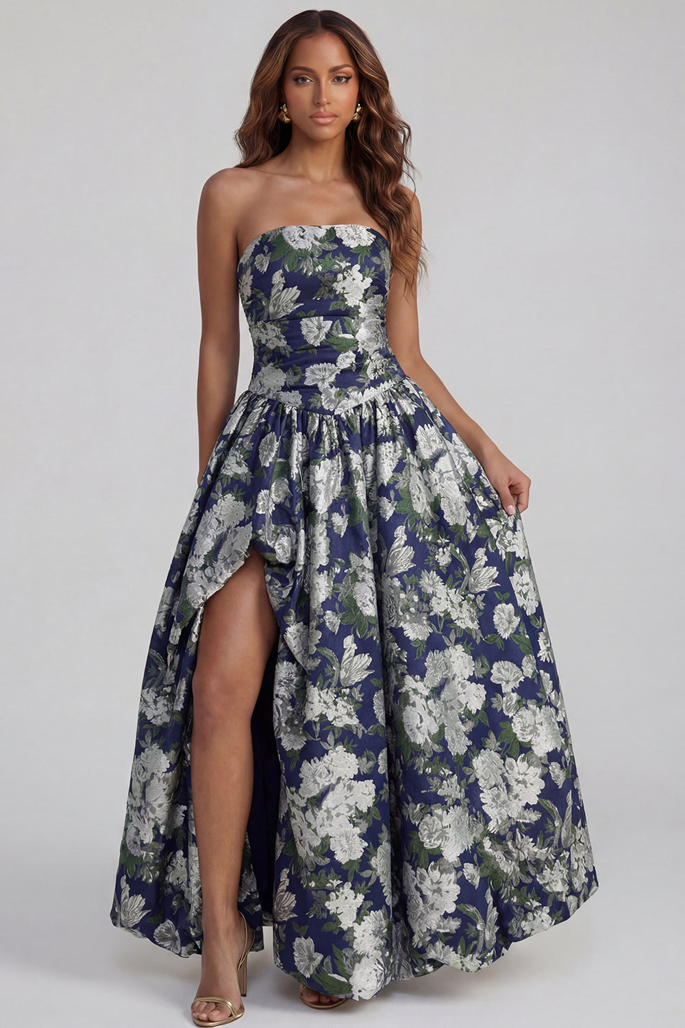 Robe midi fendue trapèze bustier imprimée fleurs de narcisse bleues