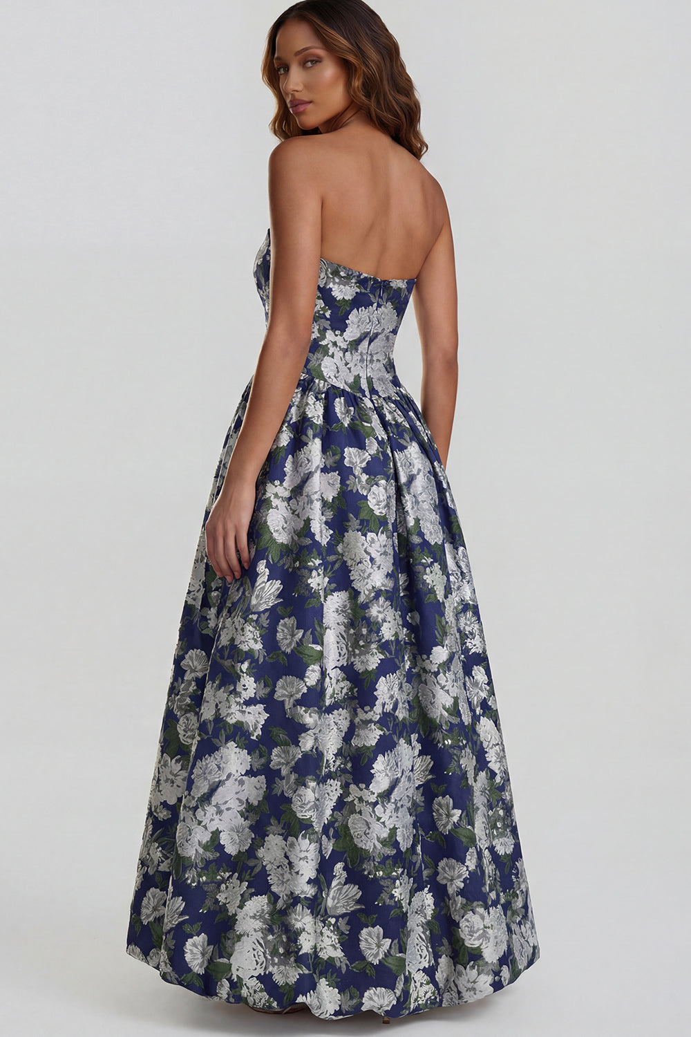 Robe midi fendue trapèze bustier imprimée fleurs de narcisse bleues