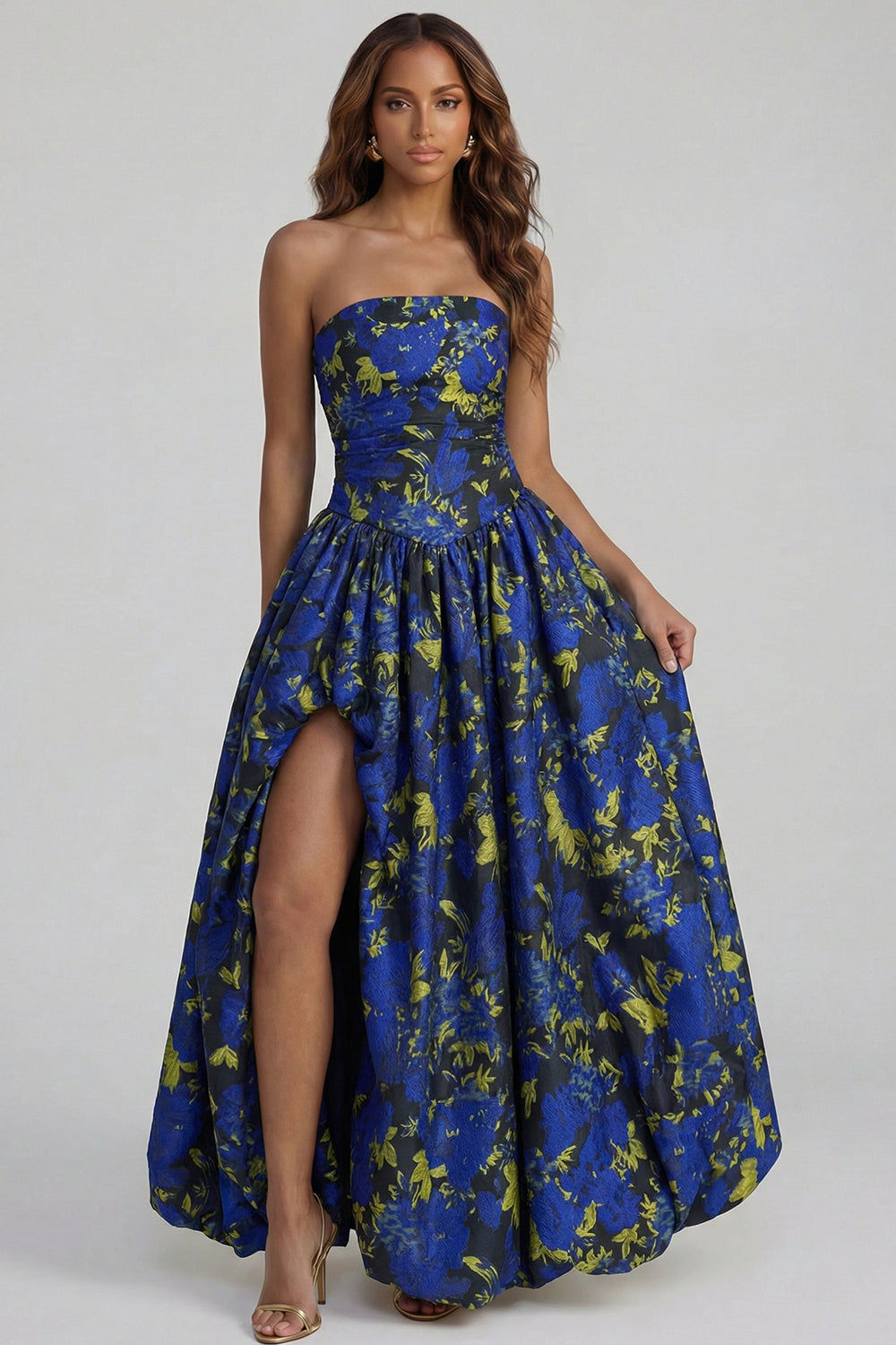 Robe midi fendue trapèze bustier imprimée fleurs de narcisse bleues