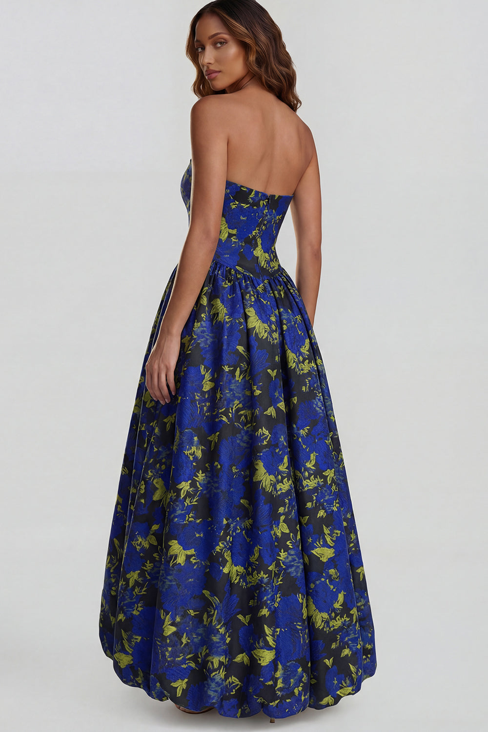 Robe midi fendue trapèze bustier imprimée fleurs de narcisse bleues