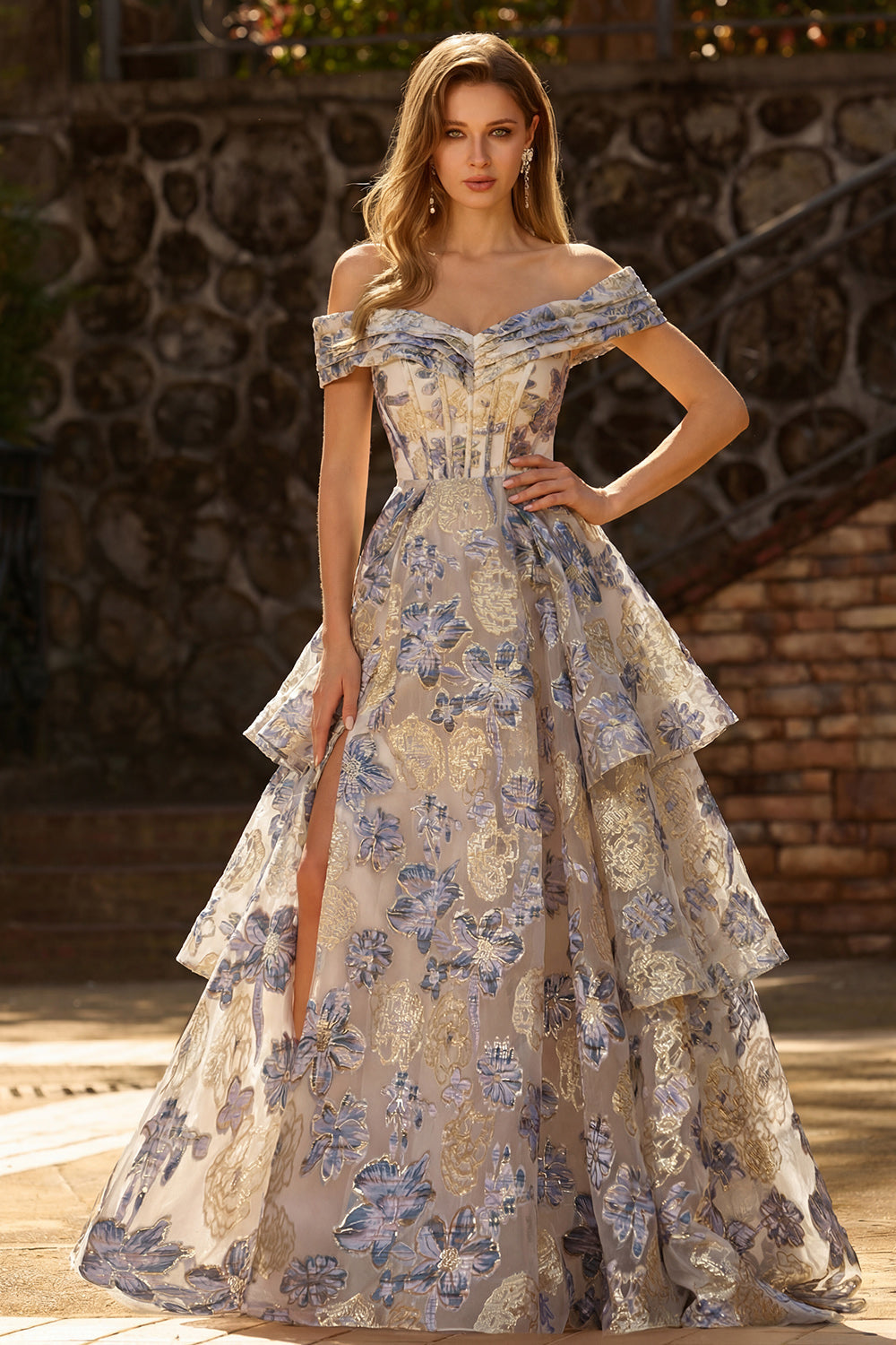 Dusty Blue Jacquard Off the Shoulder A-Line Corset Long Tiered Prom Dress with Slit