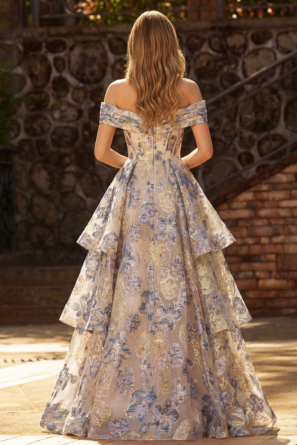 Dusty Blue Jacquard Off the Shoulder A-Line Corset Long Tiered Prom Dress with Slit