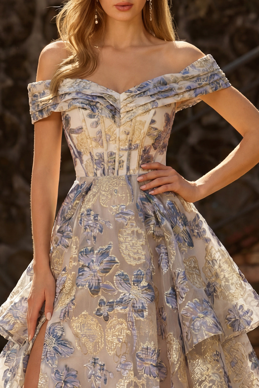Dusty Blue Jacquard Off the Shoulder A-Line Corset Long Tiered Prom Dress with Slit