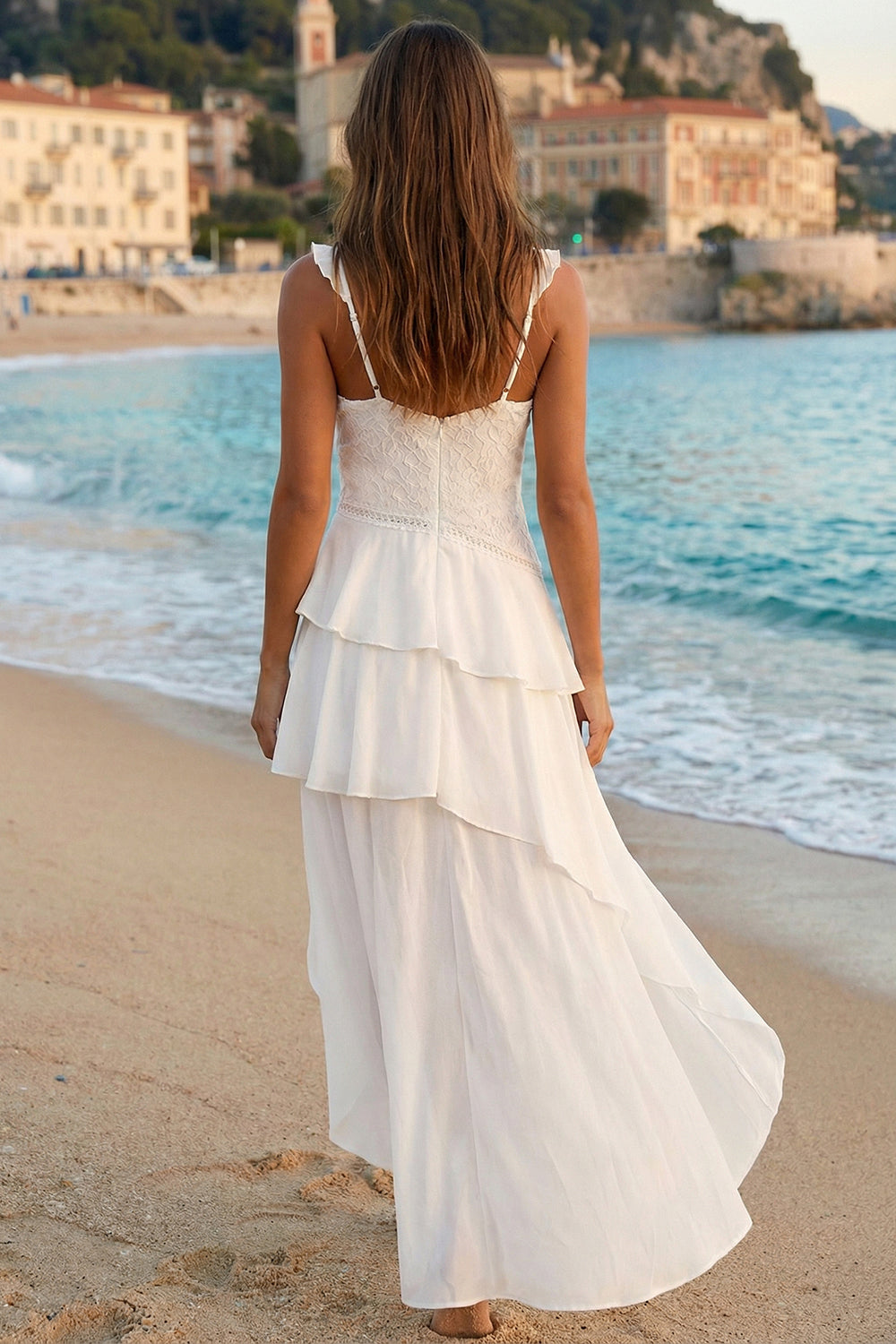 Ivory Tulle V-Neck High-Low Asymmetrical Rehearsal Dinner Dress with Ruffles
