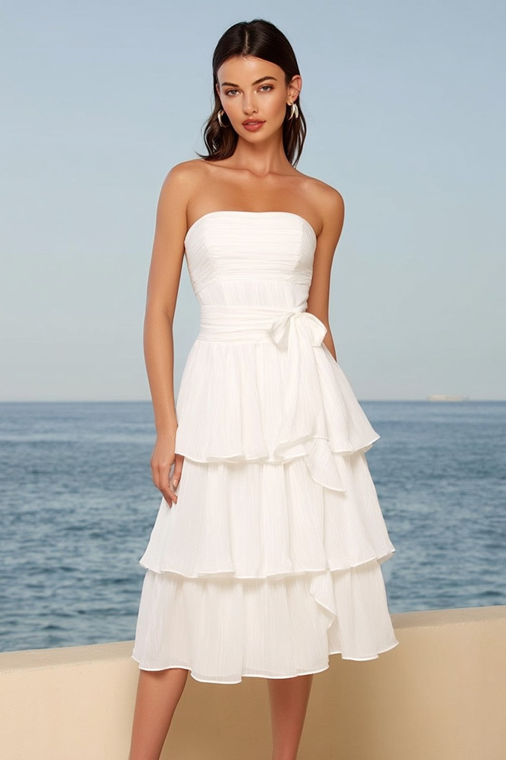 Ivory Tulle Strapless Tiered A-Line Midi Bridal Shower Dress with Bow