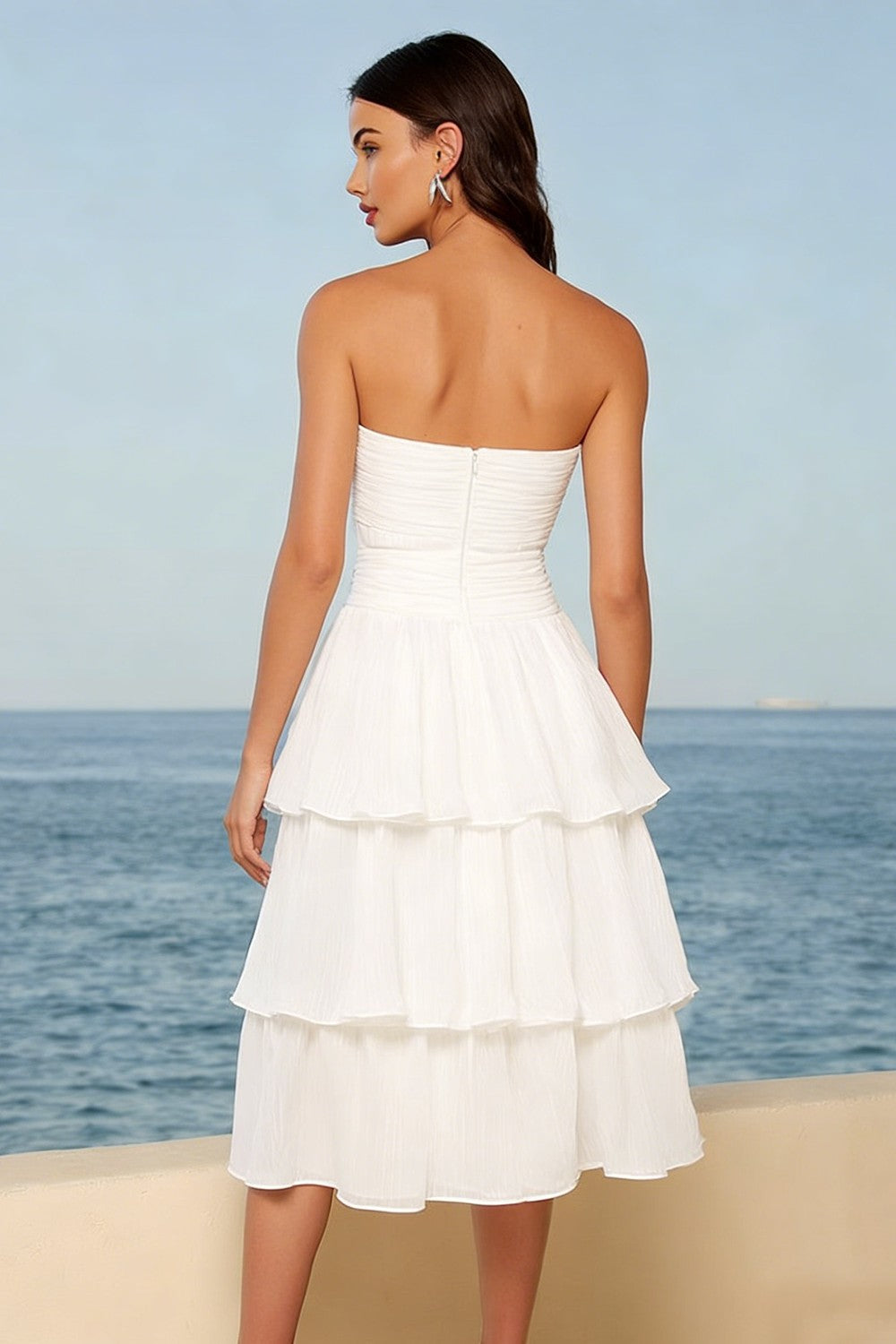 Ivory Tulle Strapless Tiered A-Line Midi Bridal Shower Dress with Bow