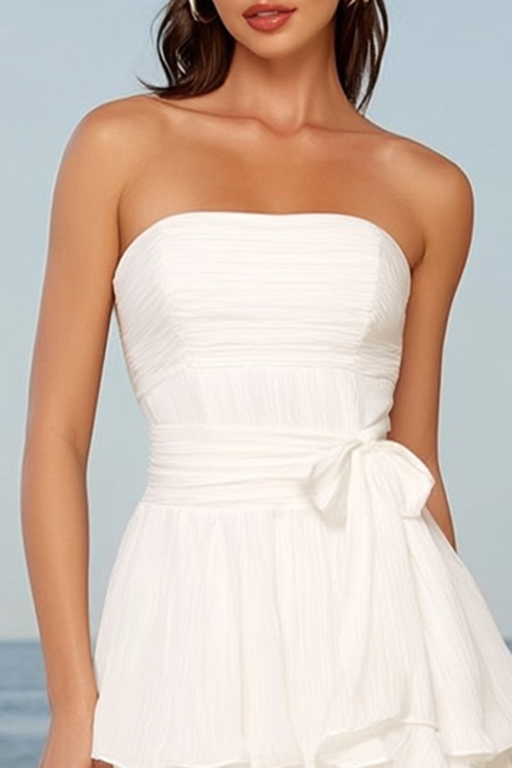Ivory Tulle Strapless Tiered A-Line Midi Bridal Shower Dress with Bow