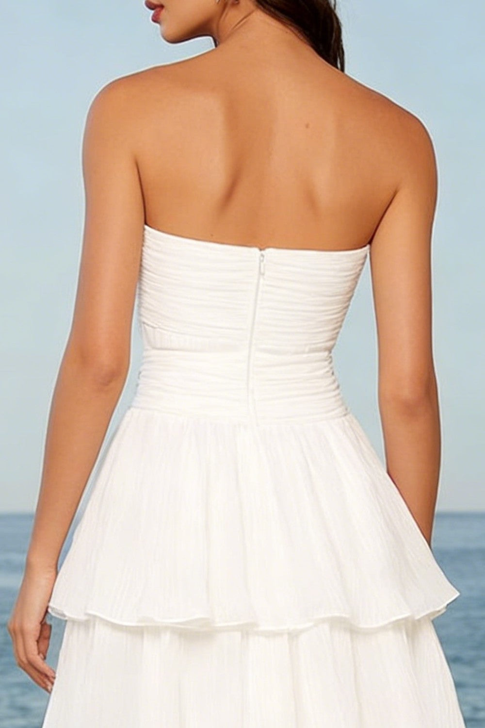Ivory Tulle Strapless Tiered A-Line Midi Bridal Shower Dress with Bow