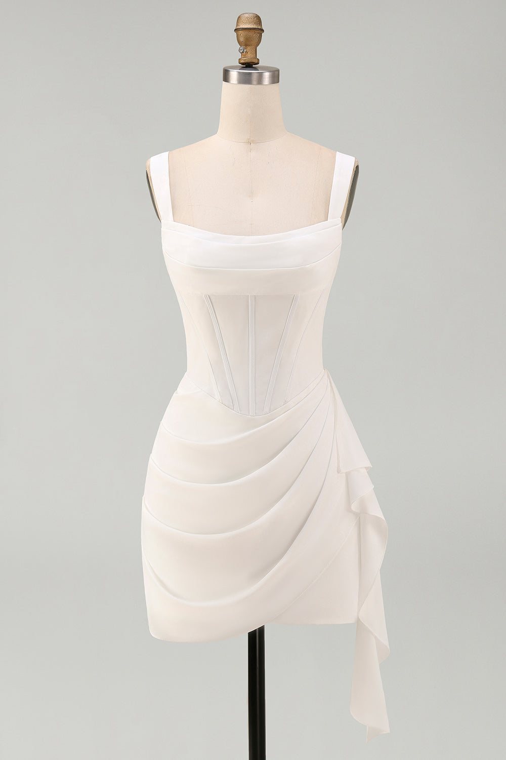 Ivory Corset Square Neck Ruched Bodycon Mini Graduation Dress with Ruffles