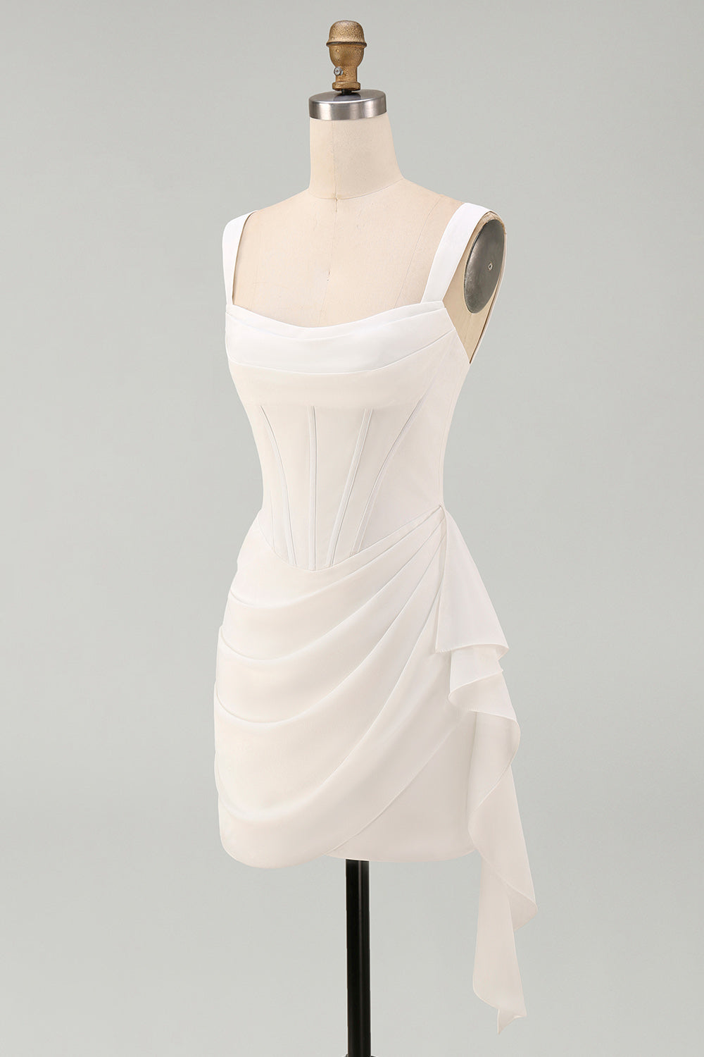 Ivory Corset Square Neck Ruched Bodycon Mini Graduation Dress with Ruffles