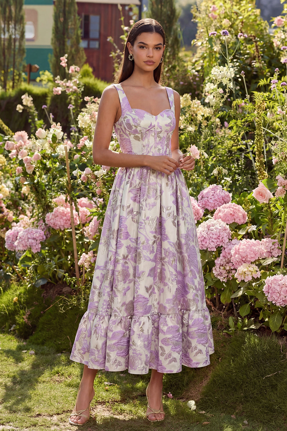 Purple Jacquard Flower Corset A-Line Midi Dress