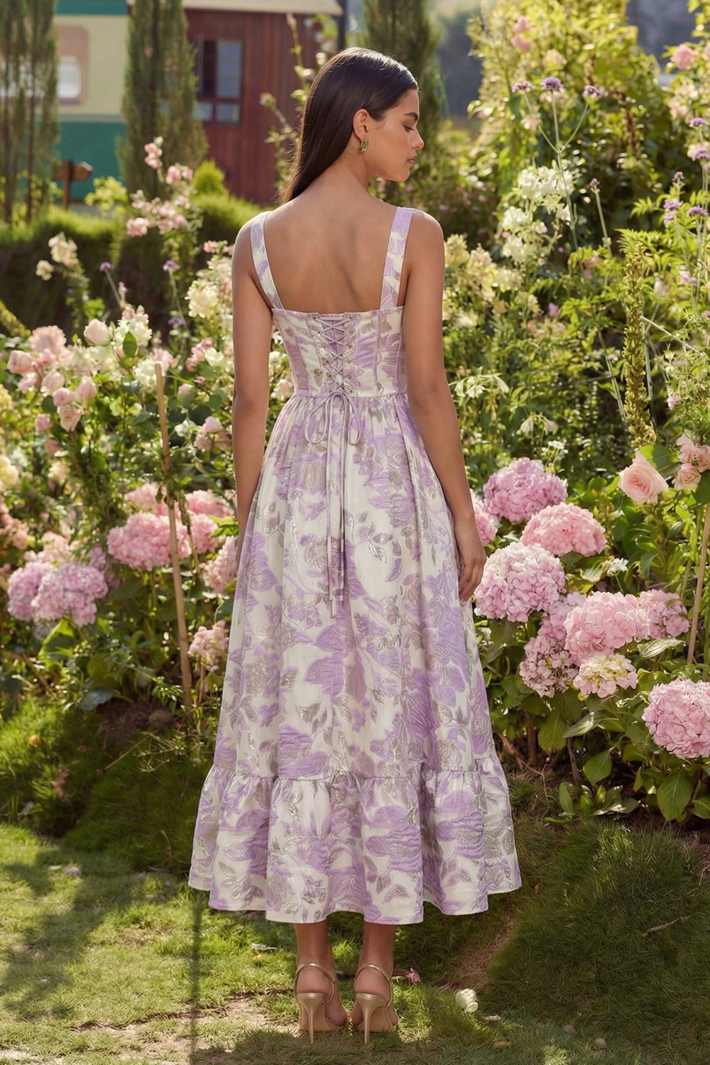 Purple Jacquard Flower Corset A-Line Midi Dress