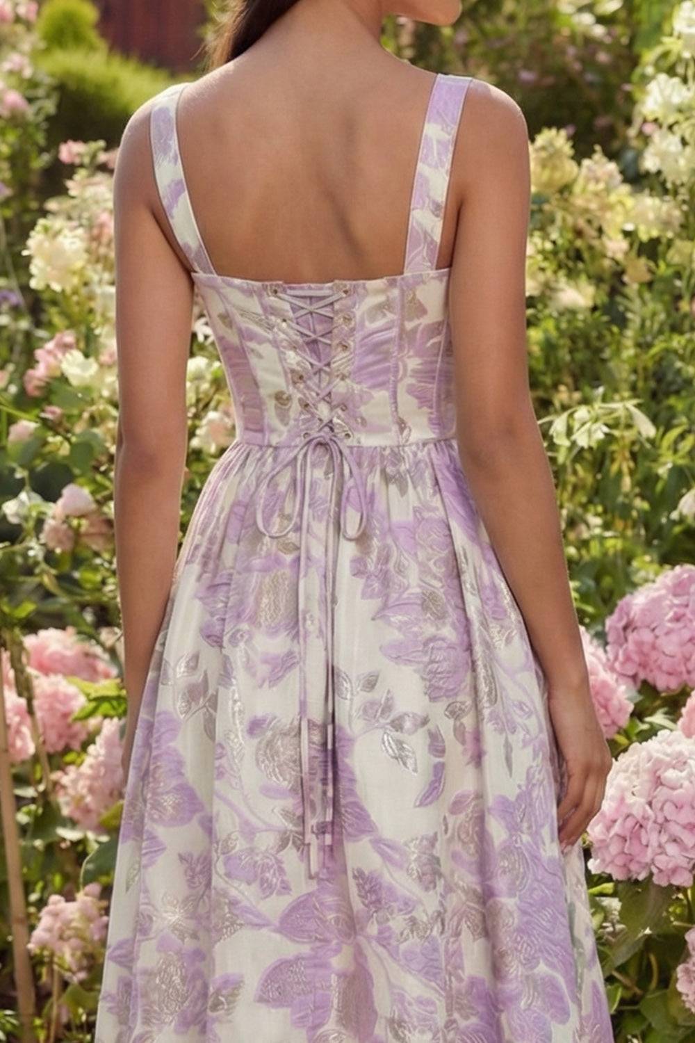 Purple Jacquard Flower Corset A-Line Midi Dress