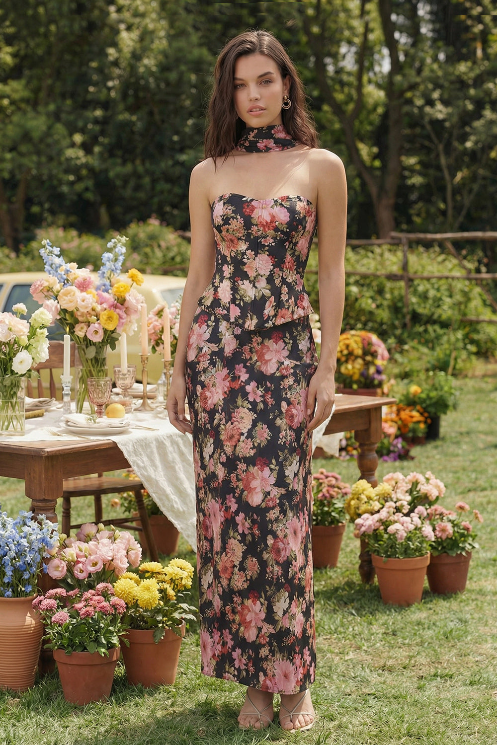 Robe fourreau midi en satin sans bretelles à fleurs Black Pink