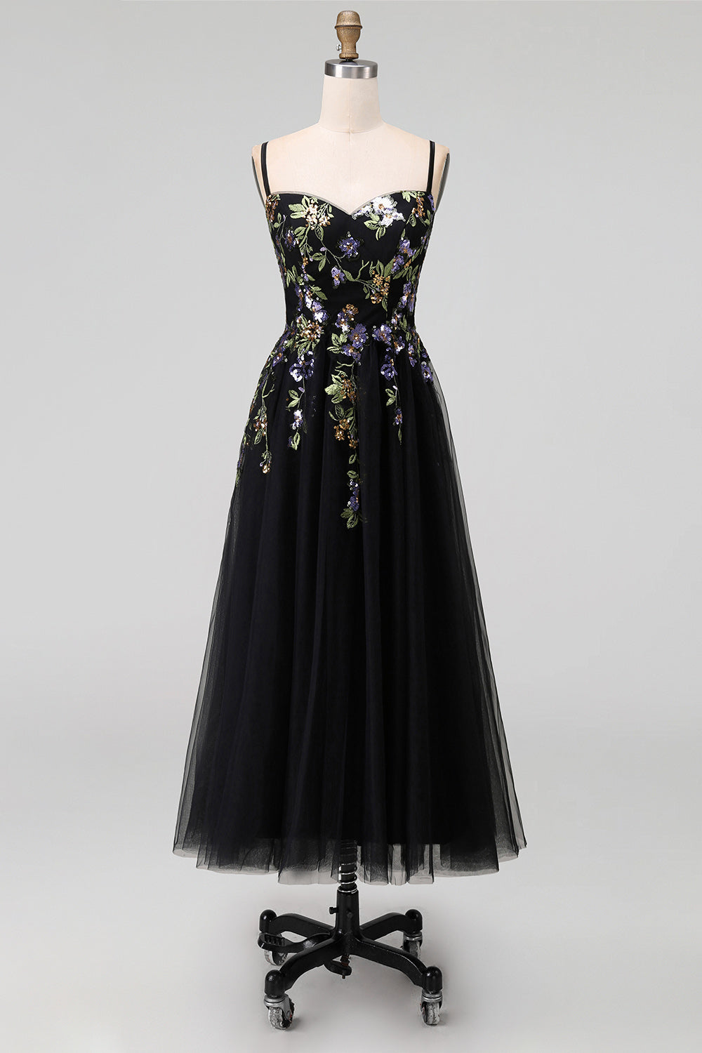 Black Appliqued A-Line Tulle Spaghetti Straps Midi Dress