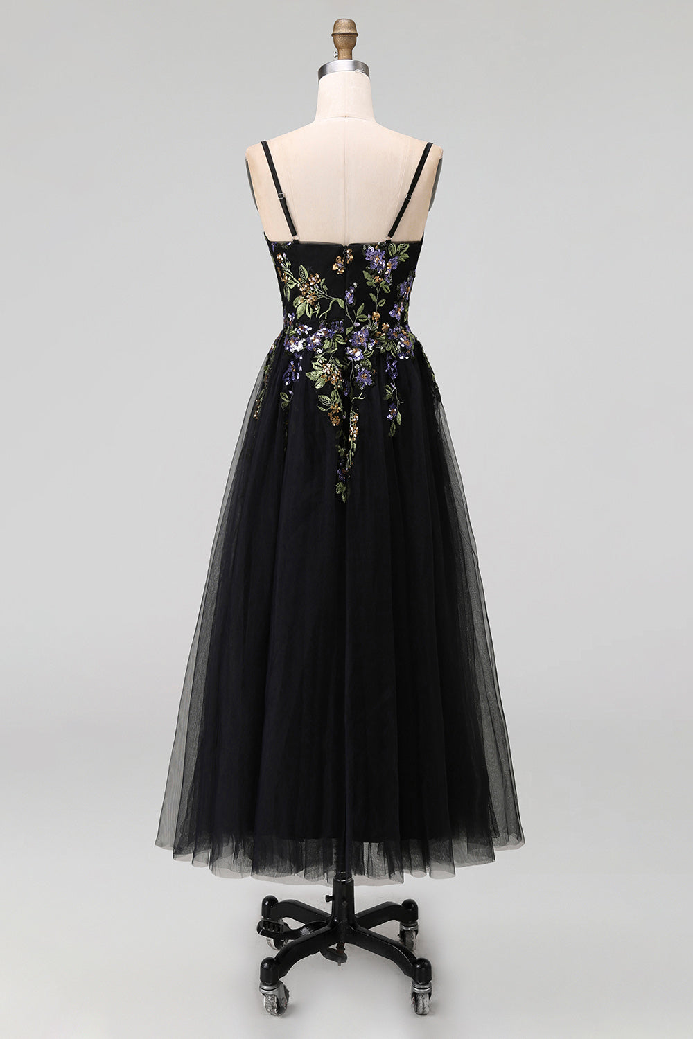 Black Appliqued A-Line Tulle Spaghetti Straps Midi Dress