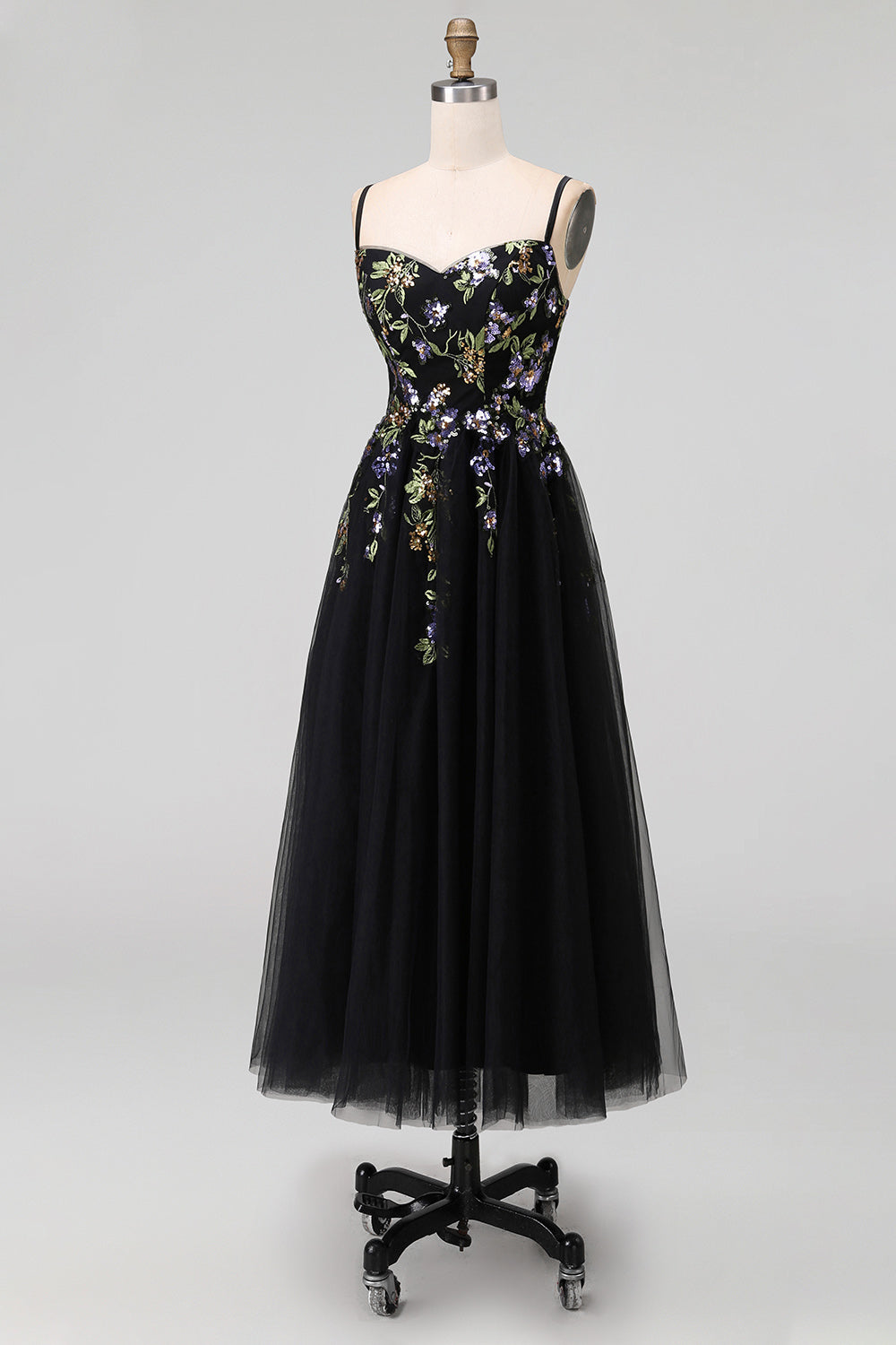 Black Appliqued A-Line Tulle Spaghetti Straps Midi Dress