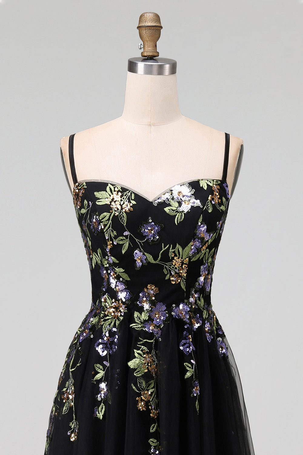 Black Appliqued A-Line Tulle Spaghetti Straps Midi Dress