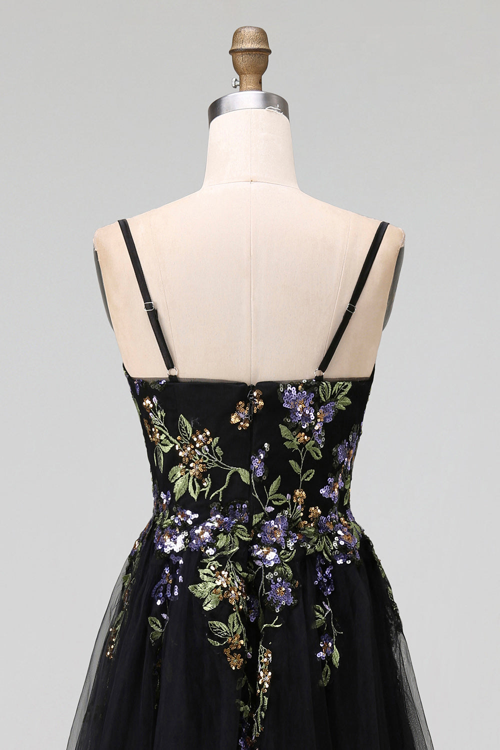 Black Appliqued A-Line Tulle Spaghetti Straps Midi Dress