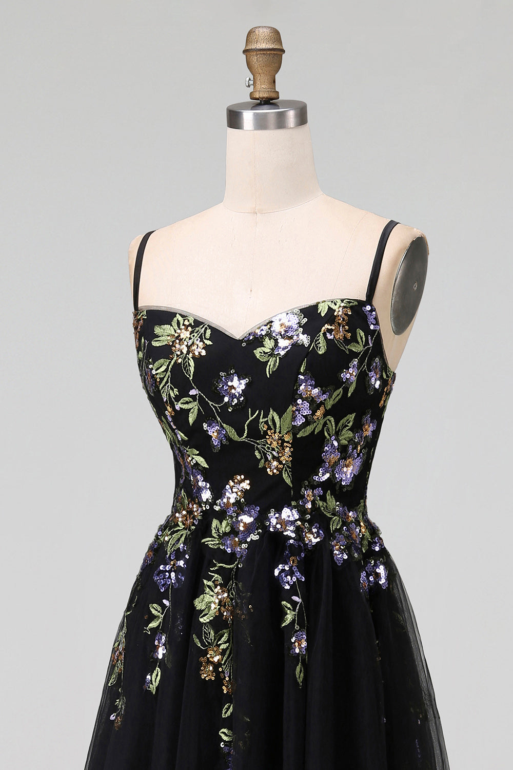 Black Appliqued A-Line Tulle Spaghetti Straps Midi Dress