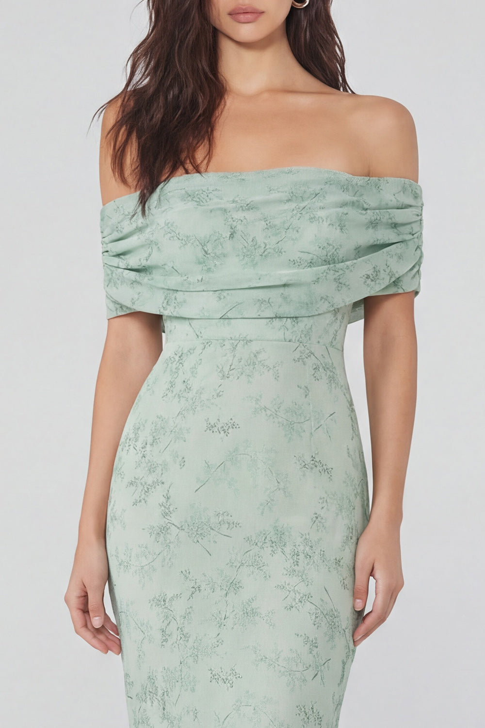 Dusty Sage Print Off-the-Shoulder Sheath Chiffon Midi Dress