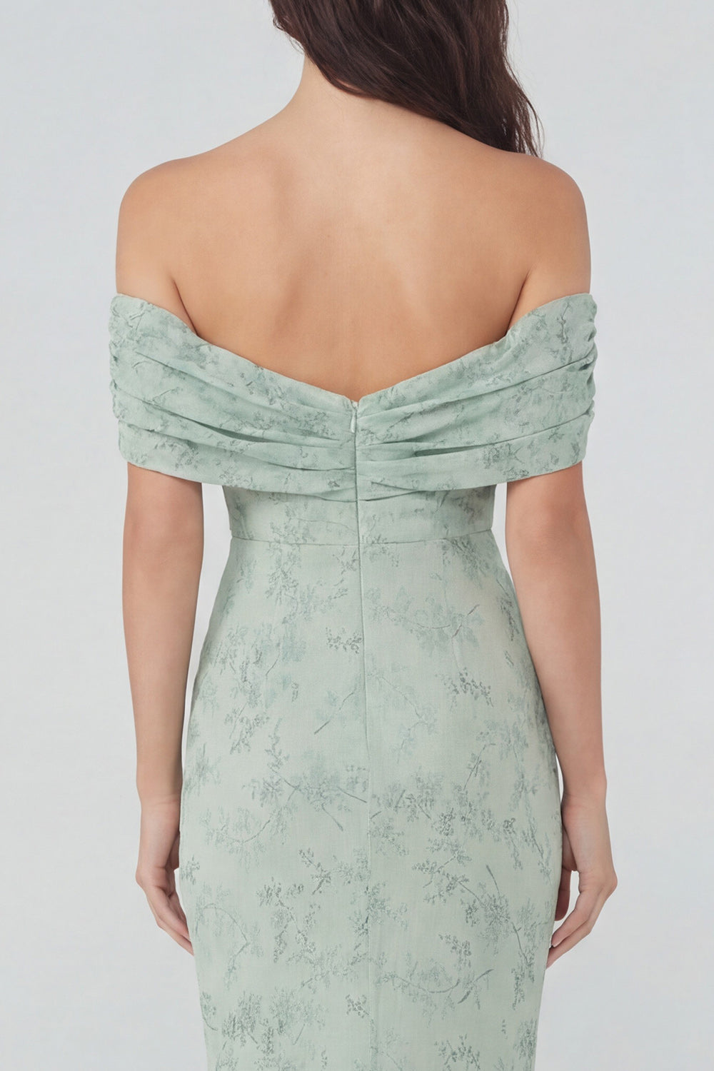 Dusty Sage Print Off-the-Shoulder Sheath Chiffon Midi Dress