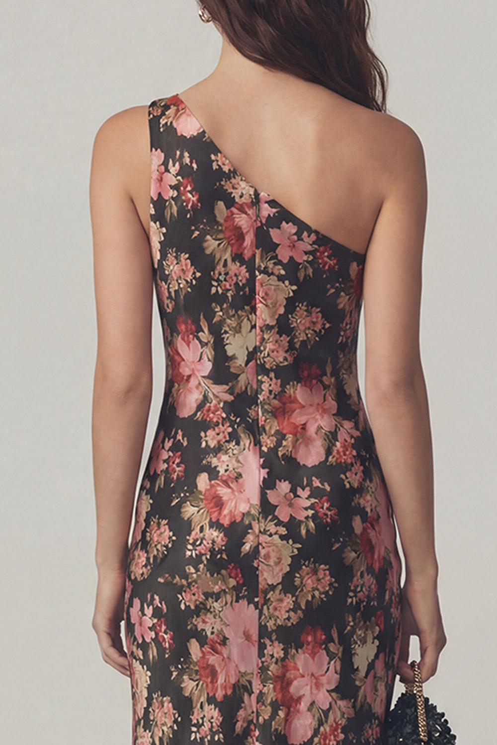 Black Pink Flower One-Shoulder Sheath Satin Midi Dress
