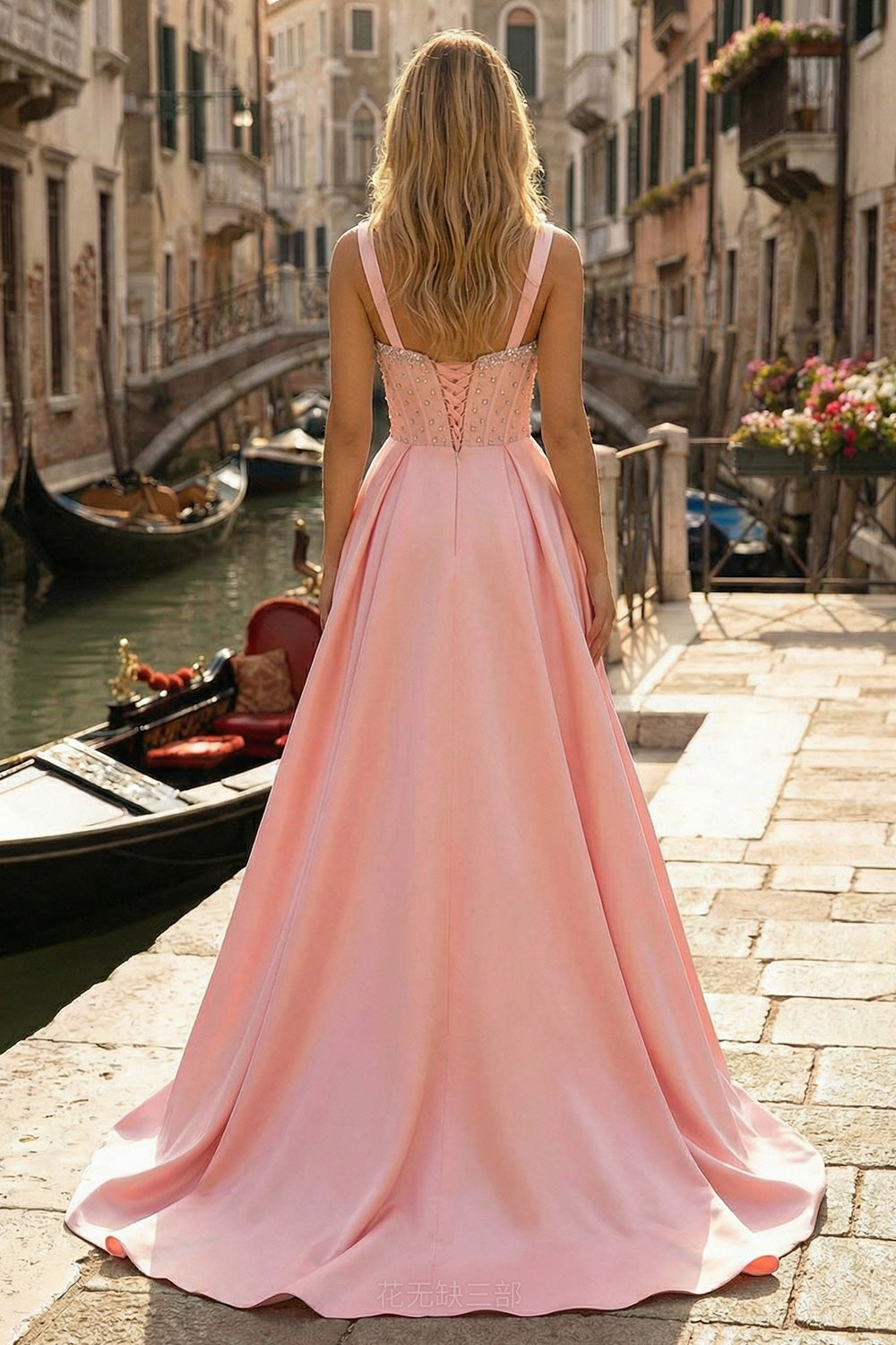Pink Corset A-Line Beaded Long Satin Prom Dress with Slit