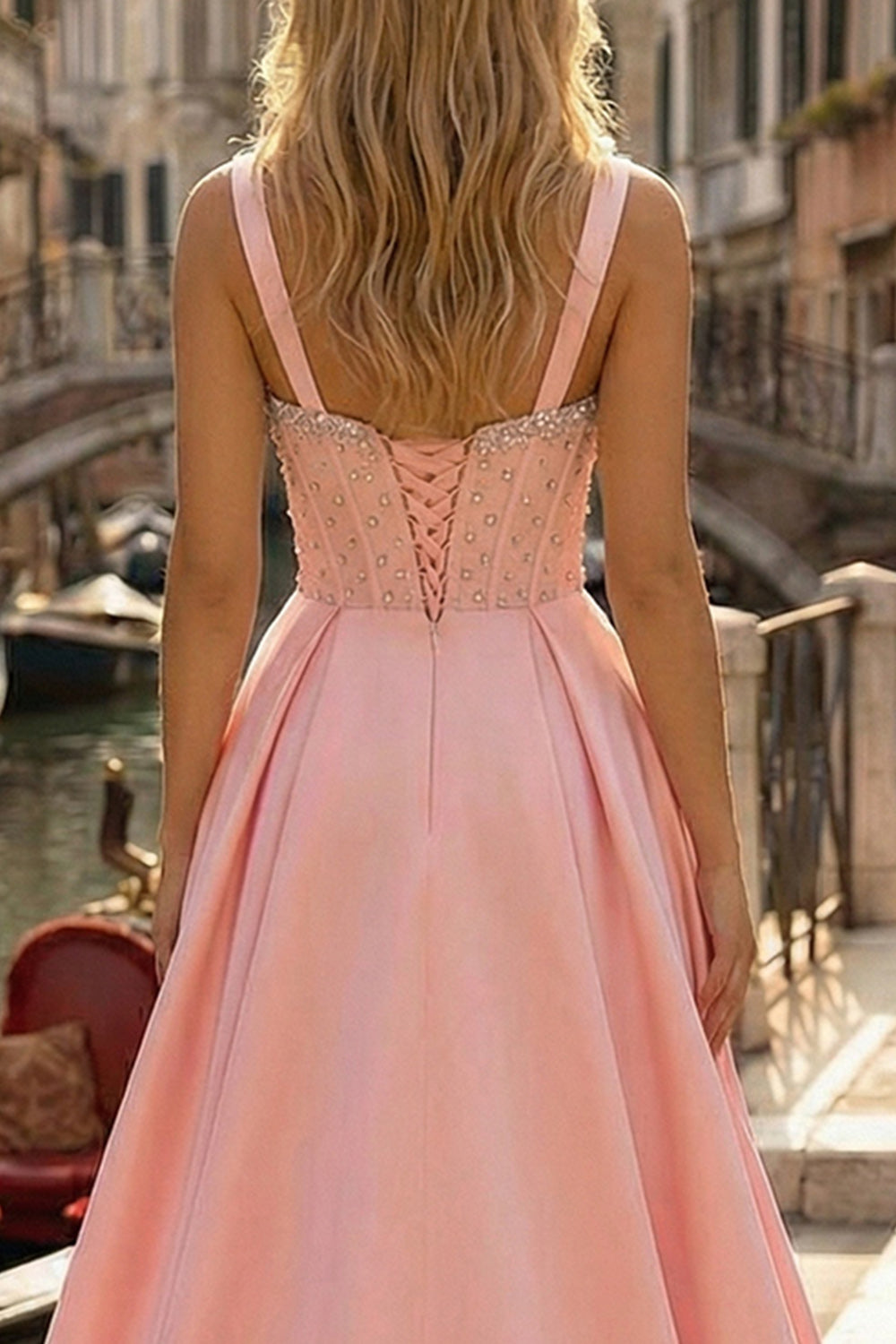 Pink Corset A-Line Beaded Long Satin Prom Dress with Slit