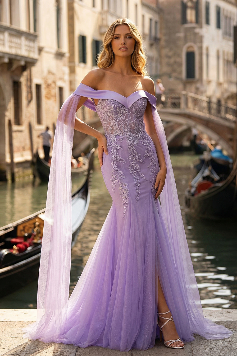 Off-the-Shoulder Lilac Mermaid Embroidered Long Prom Dress with Slit